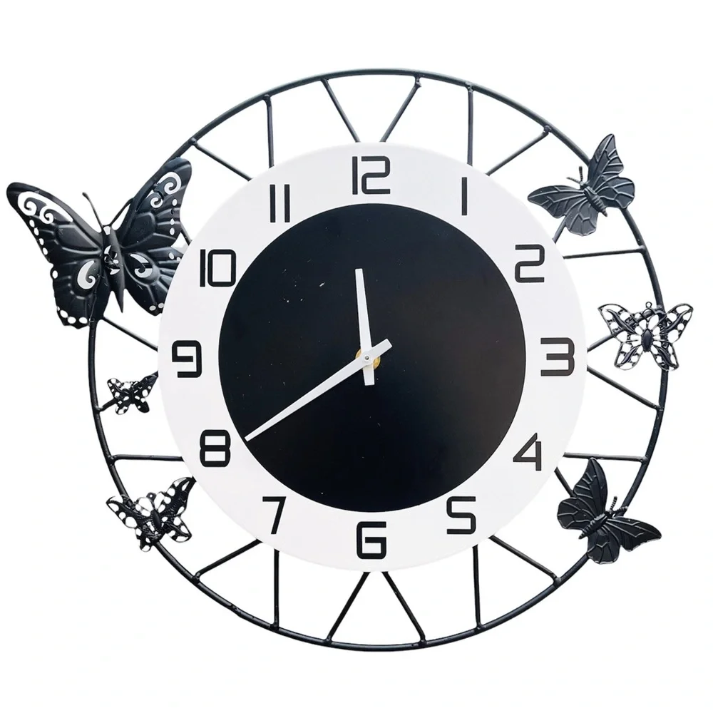 Black And White Metal Wall Clock With Butterfly Design Home Decor 13.5” Diameter